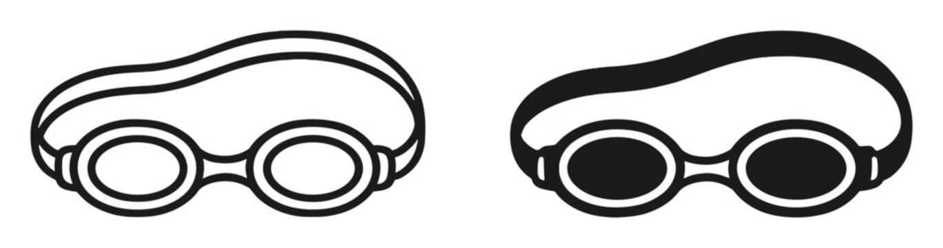 Black and white line art illustrations of swimming goggles with adjustable straps on transparent background