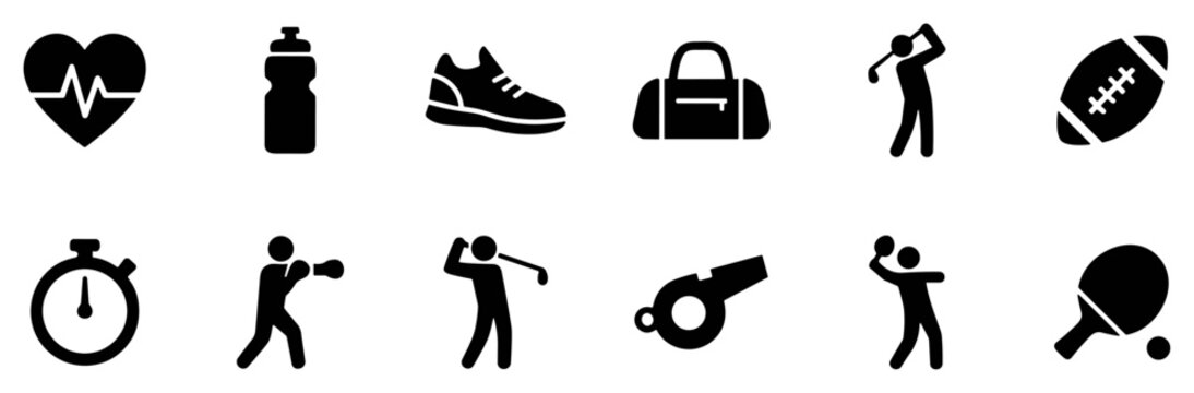 Collection of black sports and fitness icons including heart rate, water bottle, shoe, gym bag, golf, football, stopwatch, boxing, whistle, and ping pong on transparent background