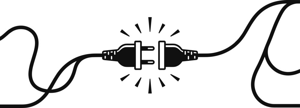 Illustration of a disconnected electrical plug and socket with stylized connection sparks on transparent background