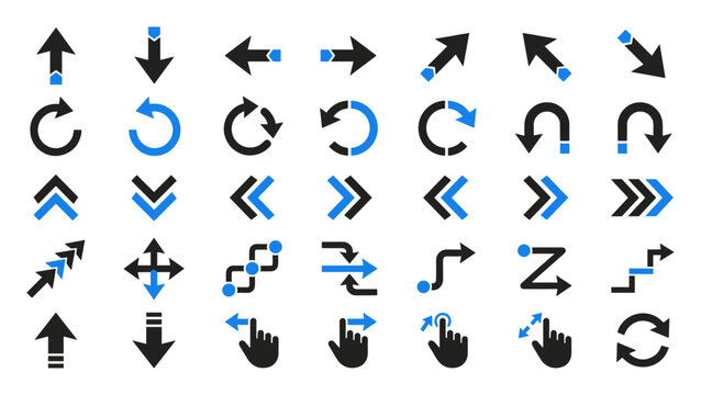 Set of black and blue directional arrows and hand gesture icons for user interface navigation and interaction design on transparent background