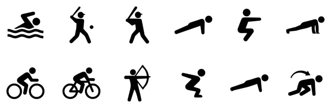 Set of black sports and exercise stick figure icons including swimming, baseball, push-up, cycling, archery, squat, and crawling exercises on transparent background