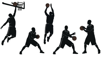Silhouettes of five basketball players in various action poses including dunking, shooting, and dribbling, against a white background. © Sofia