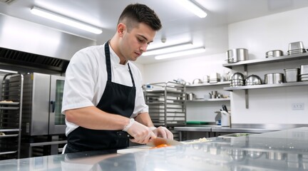 Fototapeta premium Professional male chef slicing vegetables in a commercial kitchen. Young man in white jacket and black apron preparing food. Culinary worker in restaurant workspace