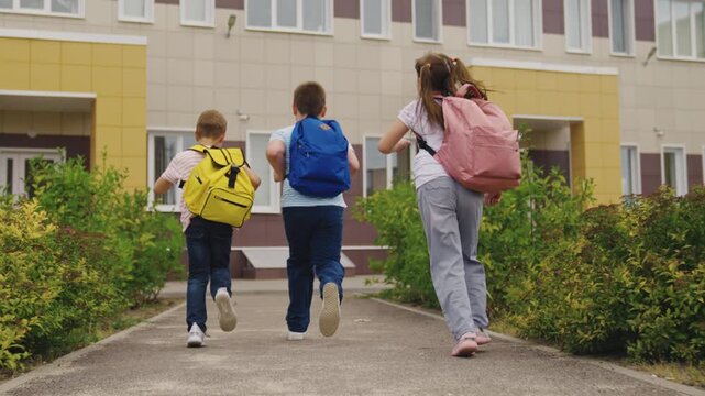 Kids going to school, children with backpacks, school building background, happy students, back to school, childhood memories, education begins, morning routine, friends together, first day excitement