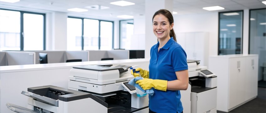 Female cleaner wiping a large office printer with a spray bottle and cloth. Professional maintenance of electronic equipment in a corporate office. Hygiene service