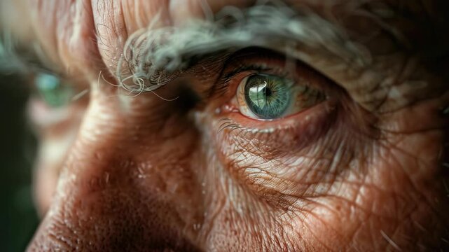Close-up of an old man with a weary expression and aged skin. The focus is on his eye, which is filled with wrinkles and lines of age.