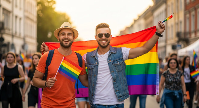 Two smiling men hold rainbow flags at a pride event, symbolizing LGBTQ+ pride and community celebration in an urban street setting.