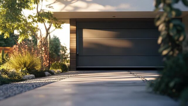 A modern garage door on a house with concrete driveway and landscaping elements such as rocks and shrubs.