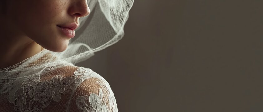 Cropped side view profile of a woman in a delicate lace white dress with soft focus background Concept of bridal elegance and romance