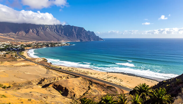 scenic coastal landscape with a sandy beach and turquoise water, rugged cliffs, and a small town nestled along the shore, sunny day with scattered clouds
