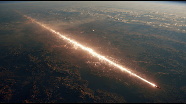 A cinematic, orbital view of a sleek futuristic spacecraft soaring over a vast, rugged alien planet, leaving a trail of fire and exhaust in its wake.