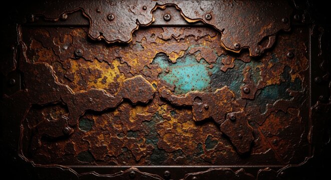 Dark textured rusted metal plate with flaking orange-brown rust and vibrant teal accents Wallpaper Background image