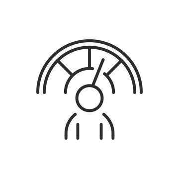Asian Strategist With Performance Meter Dashboard, Assessing Skill Levels And KPI Zones, Decisionmaking Focus, Career Growth Metaphor, Personal Productivity Assessment, Line Icon Style