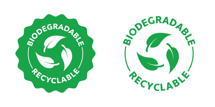 Recyclable and Biodegradable labels for product container or packaging. Eco Stamps with green leaves.