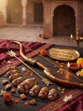 Dussehra still life with bow, arrows, small Ravana masks, diyas and marigold petals in a festive courtyard
