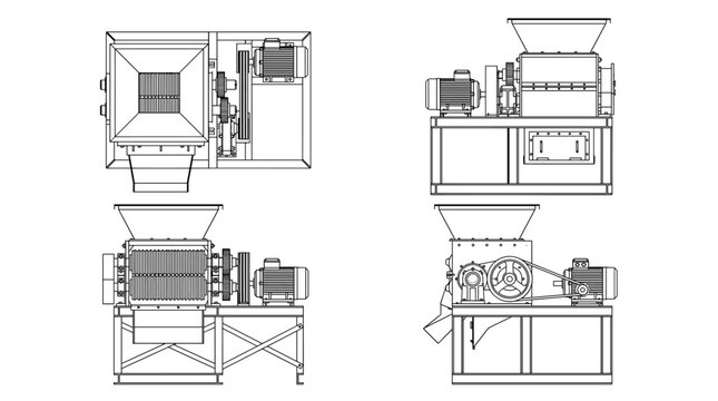 Grain crusher processing machine technical drawing blueprint with front side back and top views CAD line art vector illustration