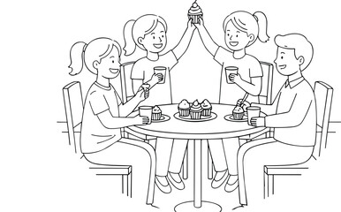 Fototapeta premium Happy friends sitting at round table eating cupcakes and celebrating birthday party line art vector.
