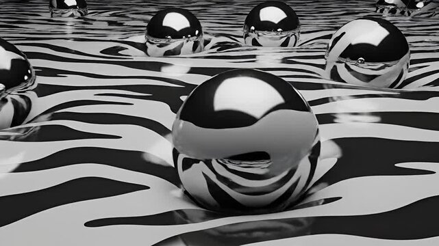 Abstract Chrome Spheres on Zebra Pattern Surface.