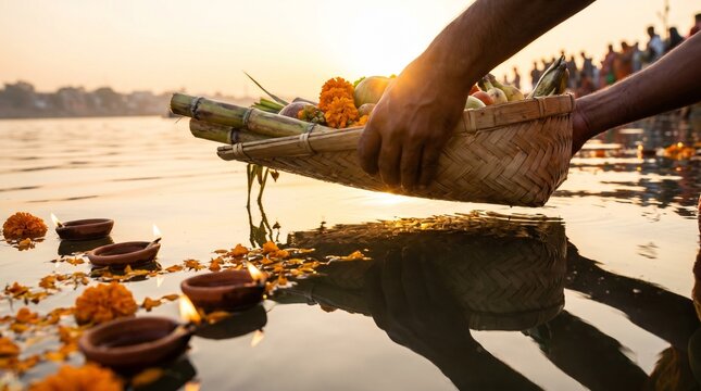 Close-up of Chhath Puja hands pouring water from a bamboo soop basket over floating diyas at sunrise