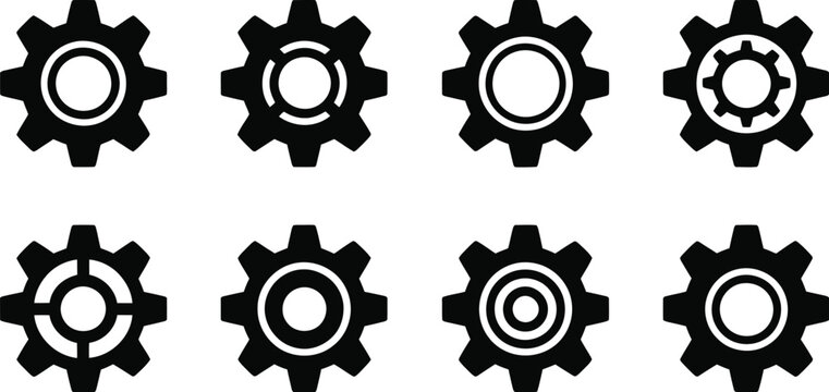 Eight black and white gear icons in a symmetrical arrangement isolated on white background