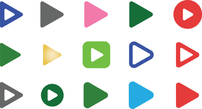 Vibrant collection of diverse play button icons isolated on white background