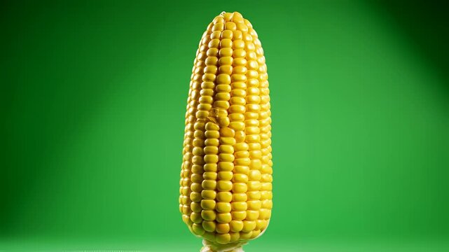 Close up of a single ripe corn cob with yellow kernels against a vibrant green background.