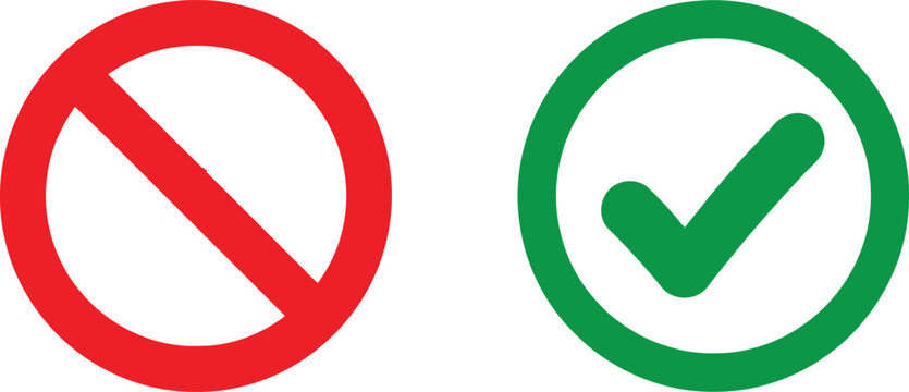 Red prohibition symbol and green check mark icon set Vector