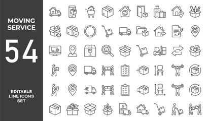 Moving Service line editable icon set. Contain icons relaed to Moving house services, packing, loaders, office moving, freight transportation, and more.  Editable stroke. Vector illustration © Minara