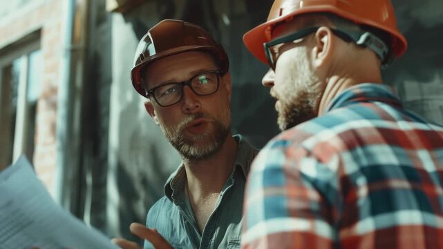 Two construction workers wearing helmets and glasses discuss a project at the site.