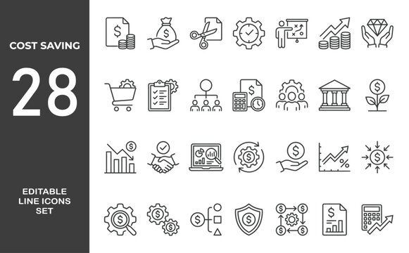 Cost Saving icon set. Containing saving, budget, cost, efficiency, reduction, expense, planning, spending, investment, and more. Outline icons collection. Editable stroke. Vector illustration