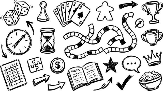 Board game night scribble icon set