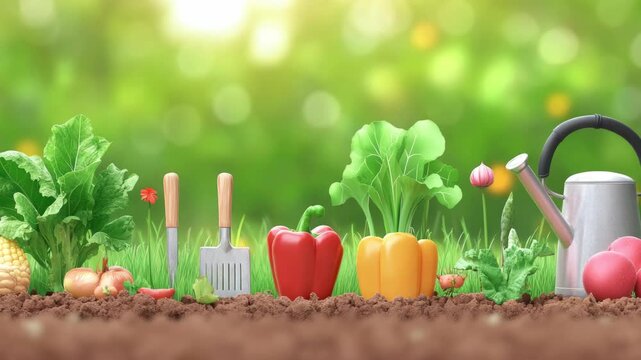 A lively of a garden scene featuring ripe fruits, vegetables, gardening tools like a spade and watering can, set against a backdrop of greenery.
