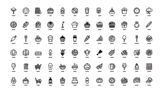 Set of small black and white outline icons representing various objects and concepts, graphic elements for design, clean line art collection.