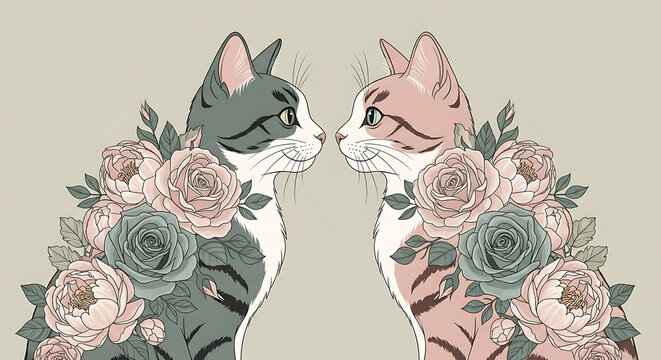 Floral cat with roses and pastel floral accents isolated on a transparent background