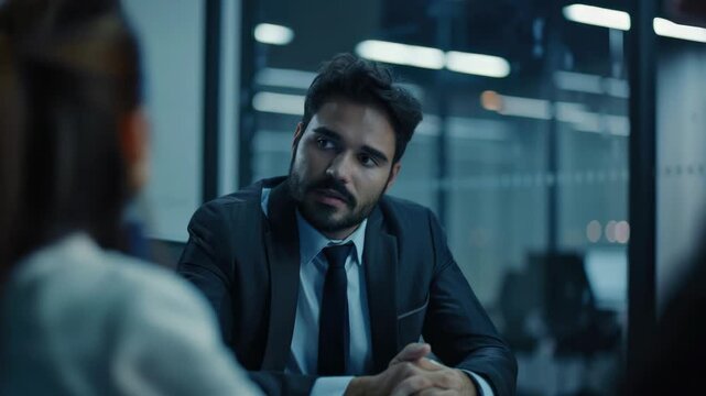Man in suit sits at desk, focused and serious. Dark office environment with cool, muted lighting. He wears black tie, hands clasped, eyes down. Conversation seems tense, professional interaction