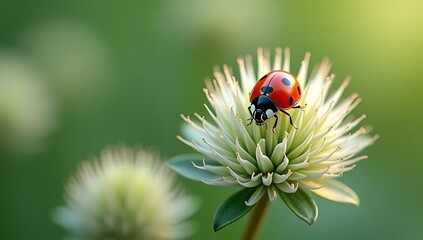 Obraz premium Red ladybug on a white flower in a green garden