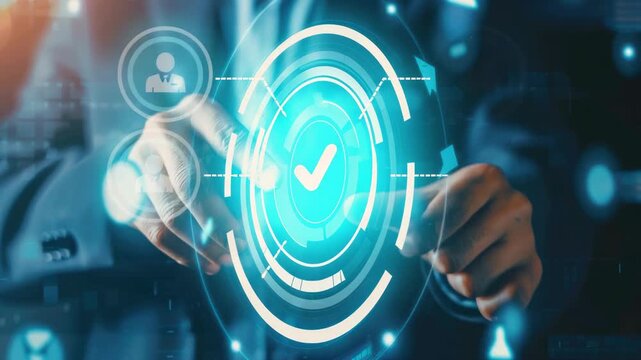 Hand interacts with glowing digital interface. Circular hologram displays check mark symbol. Fingers tap responsive futuristic display. Blue light emphasizes technological engagement