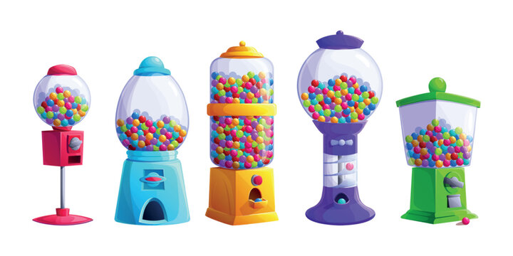 Gum machines. Gashapon machines vending gumball capsule dispense, bubblegum chewing candy gachapon toy ball sweet bubble round glass container cartoon ingenious vector illustration