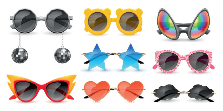 Realistic party sunglasses. Carnival funny glasses, isolated goggles eye wear sun beach festive accessory star round shape glitter costume mask 3d set garish vector illustration