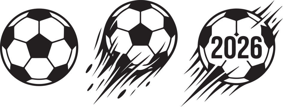 Black soccer balls with motion lines and 2026 text