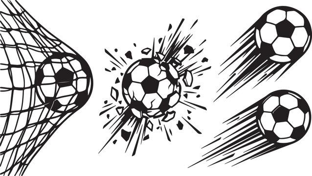 Soccer balls flying into goal net