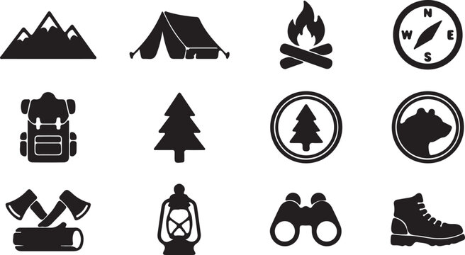 Christmas icons set vector illustration of holiday symbols including tree silhouette hat and decorative sign design