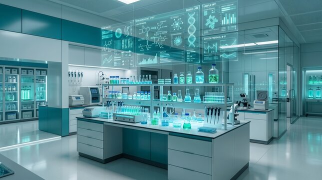 Modern laboratory interior with futuristic interface and medical equipment