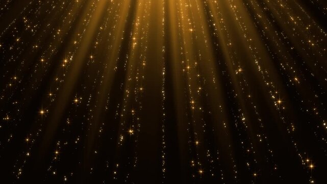 christmas and new year gold background with shiny stars glitter and particles strings falling and light flare animation, social media motion design element