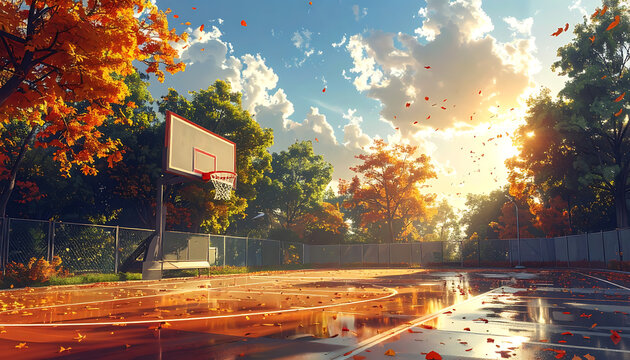 Pixel art basketball court in autumn park at sunset with falling leaves and warm sunlight, vibrant outdoor recreation