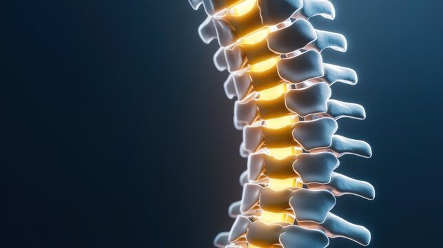 Detailed 3D Rendering of Human Spine with Glowing Vertebrae.
