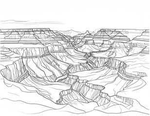 Fototapeta premium Black and White Sketch Landscape Mountain Range Horizon Line
