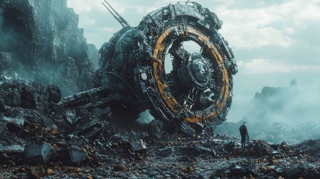 Giant futuristic mechanical structure in a desolate landscape with a lone figure.