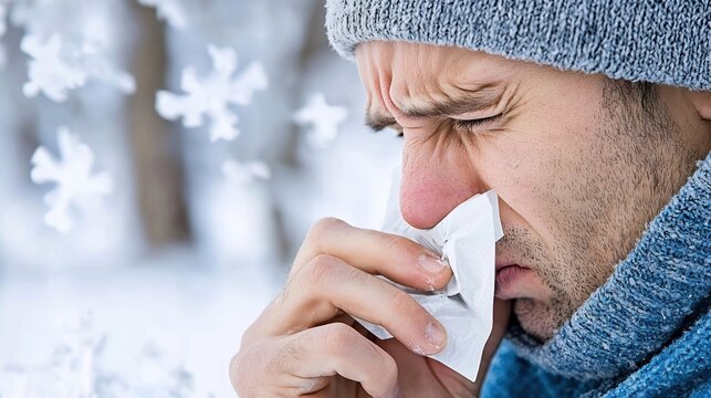Man blowing nose with tissue in winter cold weather outside.