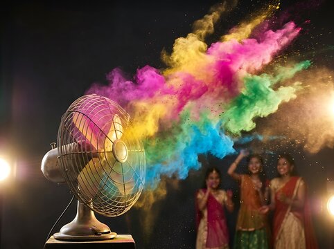 Electric fan blowing colorful holi powder at three women in traditional clothing with color powder paint festival celebration tradition throwing colorful happiness gathering particles